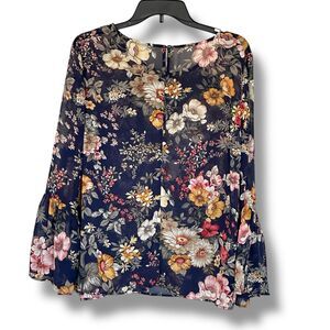 Arianna By Howard’s Semi Sheer Bell Sleeve Floral Navy Blue Top L/XL Cottagecore